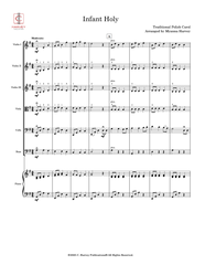 Sheet music for 'Infant Holy' arranged by Myrna Harvey with instrument parts on a white background.