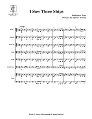Sheet music for 'I Saw Three Ships' arranged by Myanna Harvey with Harvey Publications logo.