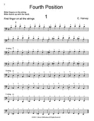 A printed sheet music page titled 'Fourth Position' with musical notation, finger guides, and the text 'First finger on all the strings' and 'C. Harvey.