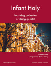 Sheet music cover for 'Infant Holy' for string orchestra or string quartet with Christmas lights and tree design.