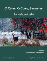 Sheet music cover for 'O Come, O Come, Emmanuel' for viola and cello with a winter scene of a deer and apple trees.