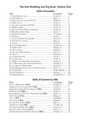 A black-and-white printed page showing tables of contents for 'The Solo Wedding and Gig Book, Volume One' with song titles, composers, and page numbers.