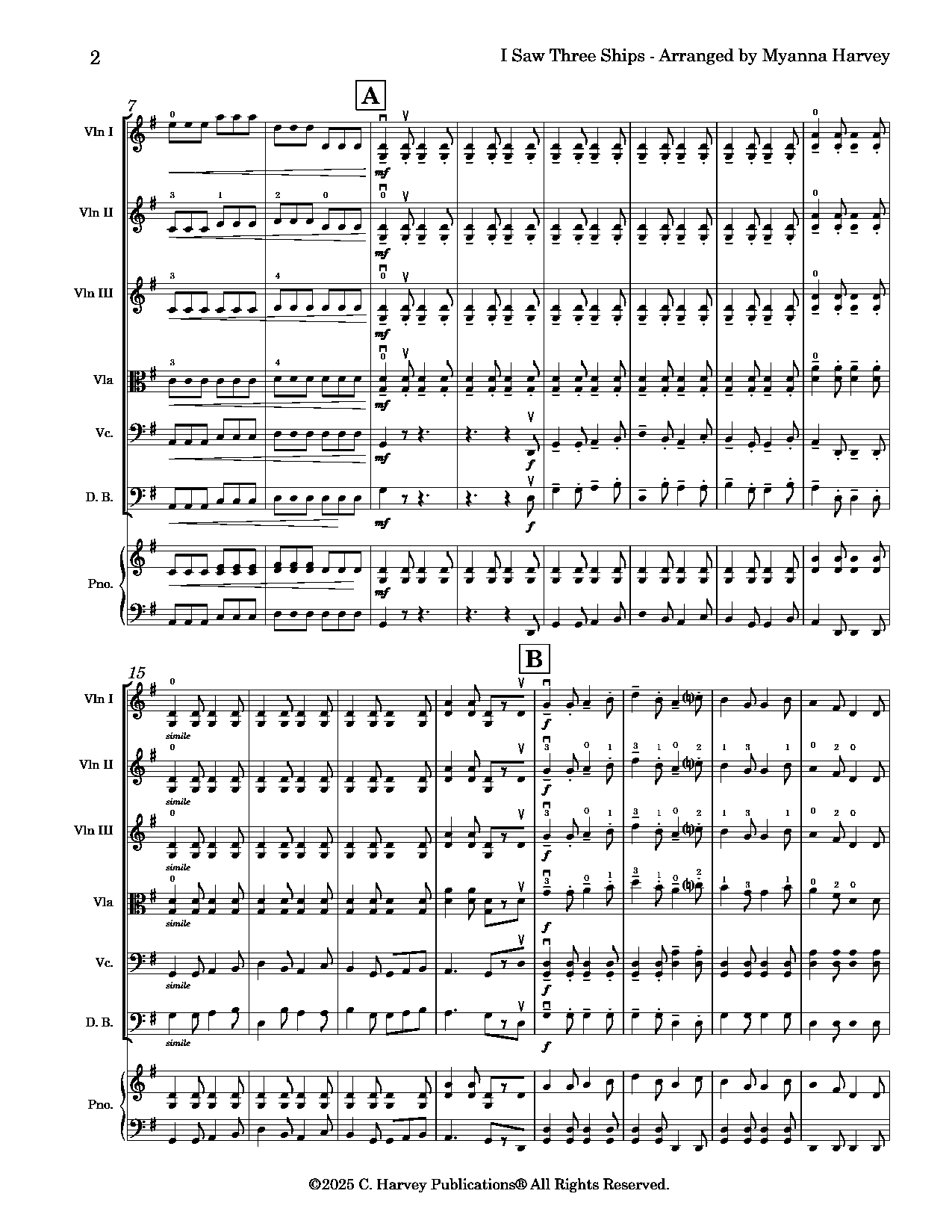 Sheet music for a musical arrangement titled 'I Saw Three Ships' by Myanna Harvey.