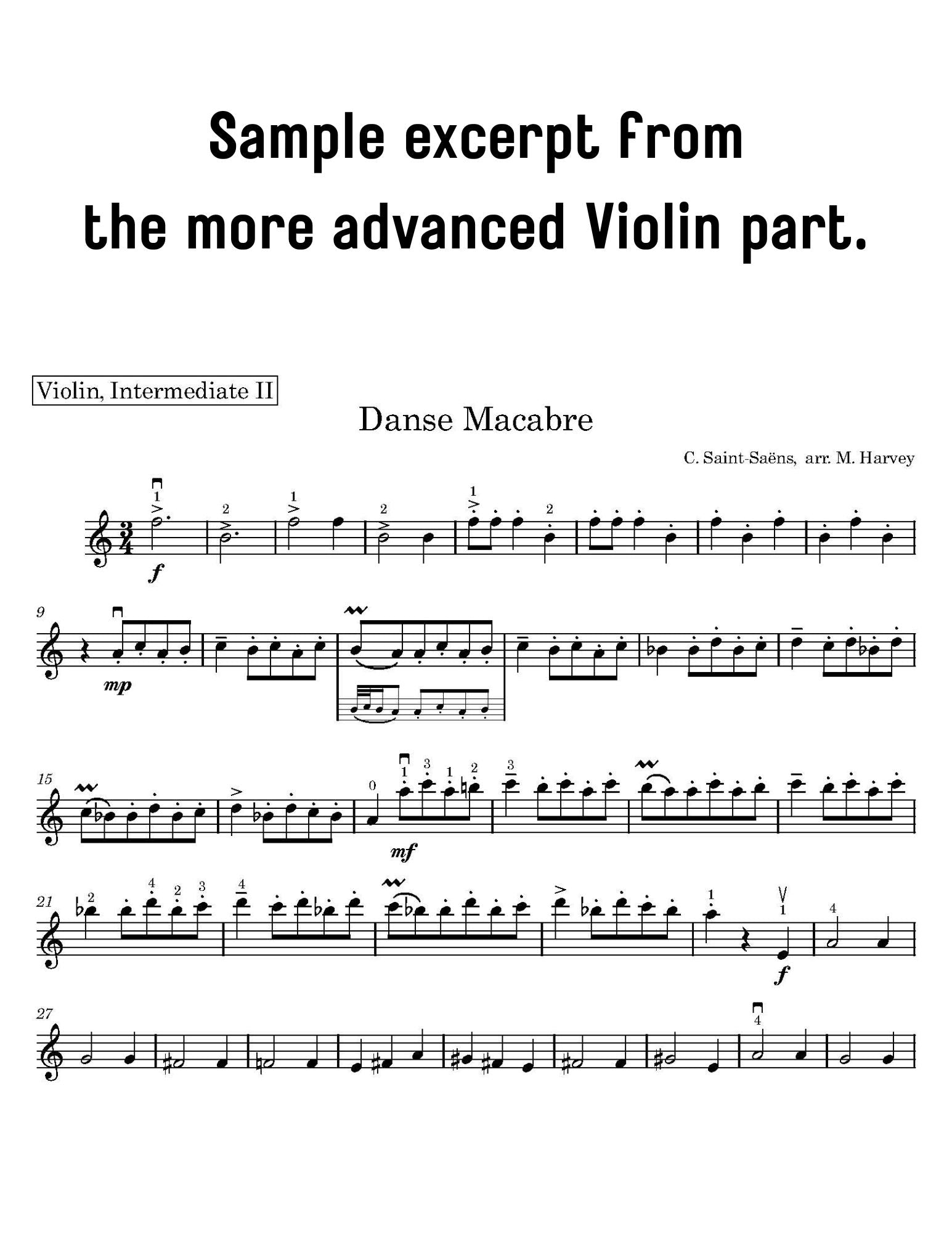 Sheet music excerpt for 'Danse Macabre' by C. Saint-Saens, arranged for intermediate violin players.