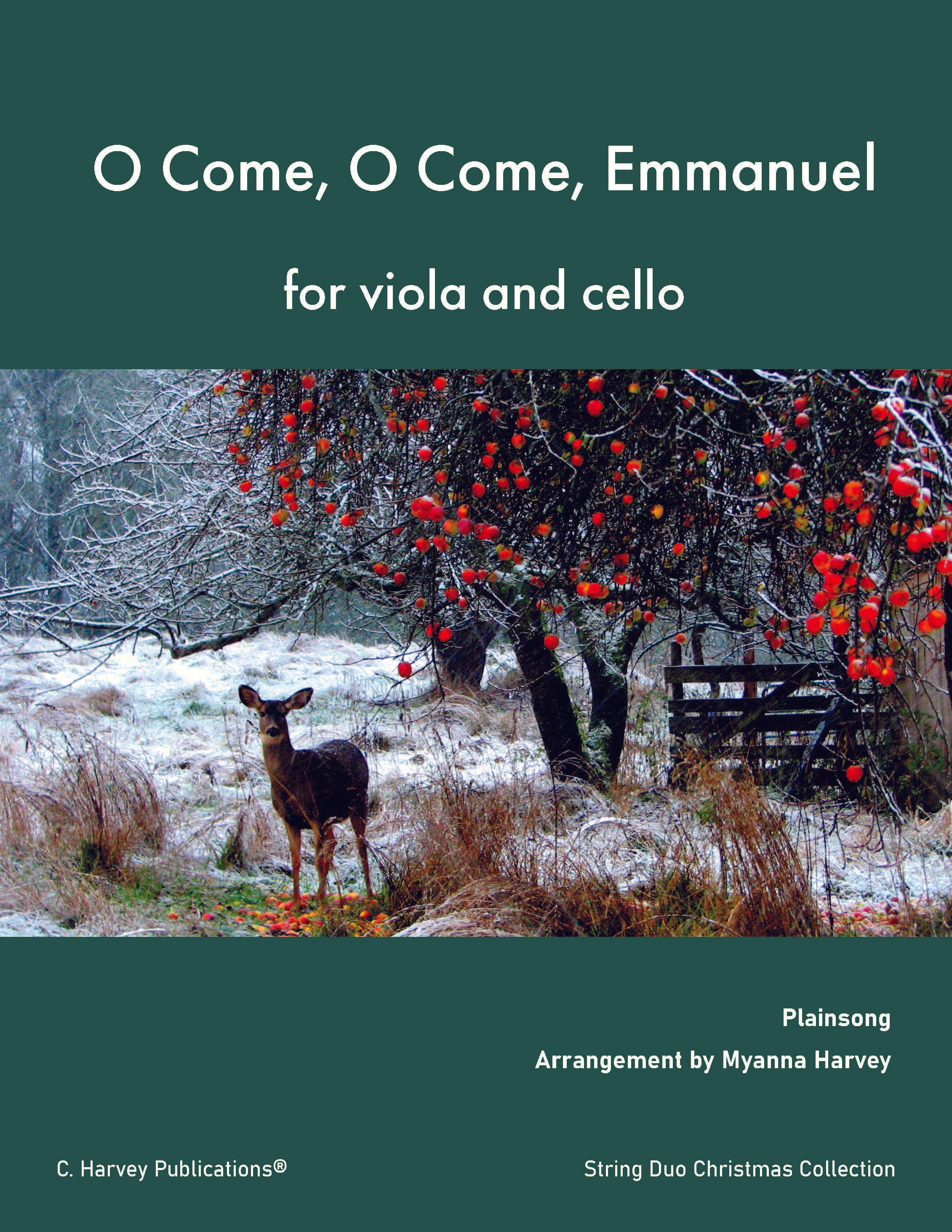 Sheet music cover for 'O Come, O Come, Emmanuel' for viola and cello with a winter scene of a deer and apple trees.