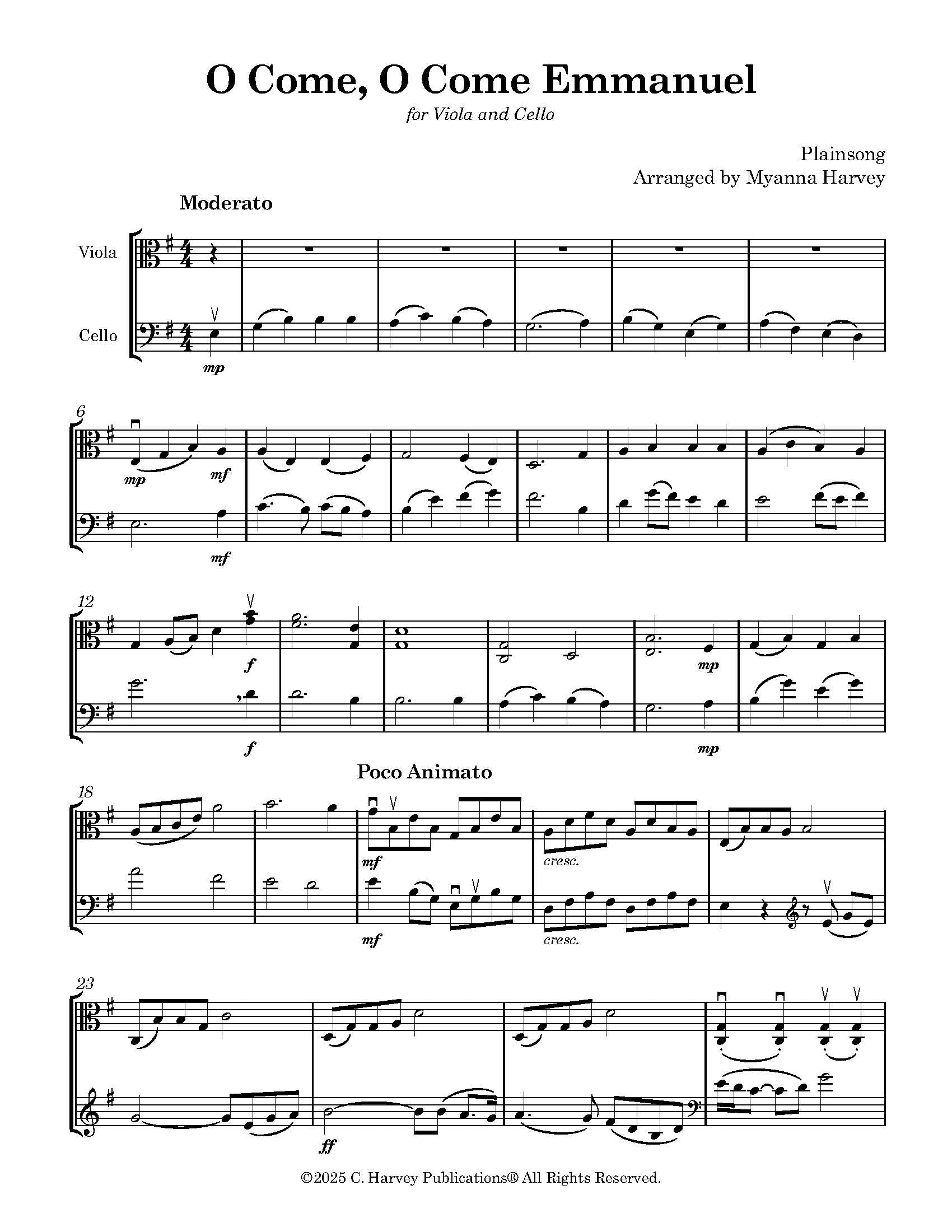 Sheet music for 'O Come, O Come Emmanuel' arranged for Viola and Cello by Myanna Harvey.
