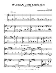 Sheet music for 'O Come, O Come Emmanuel' arranged for Viola and Cello by Myanna Harvey.