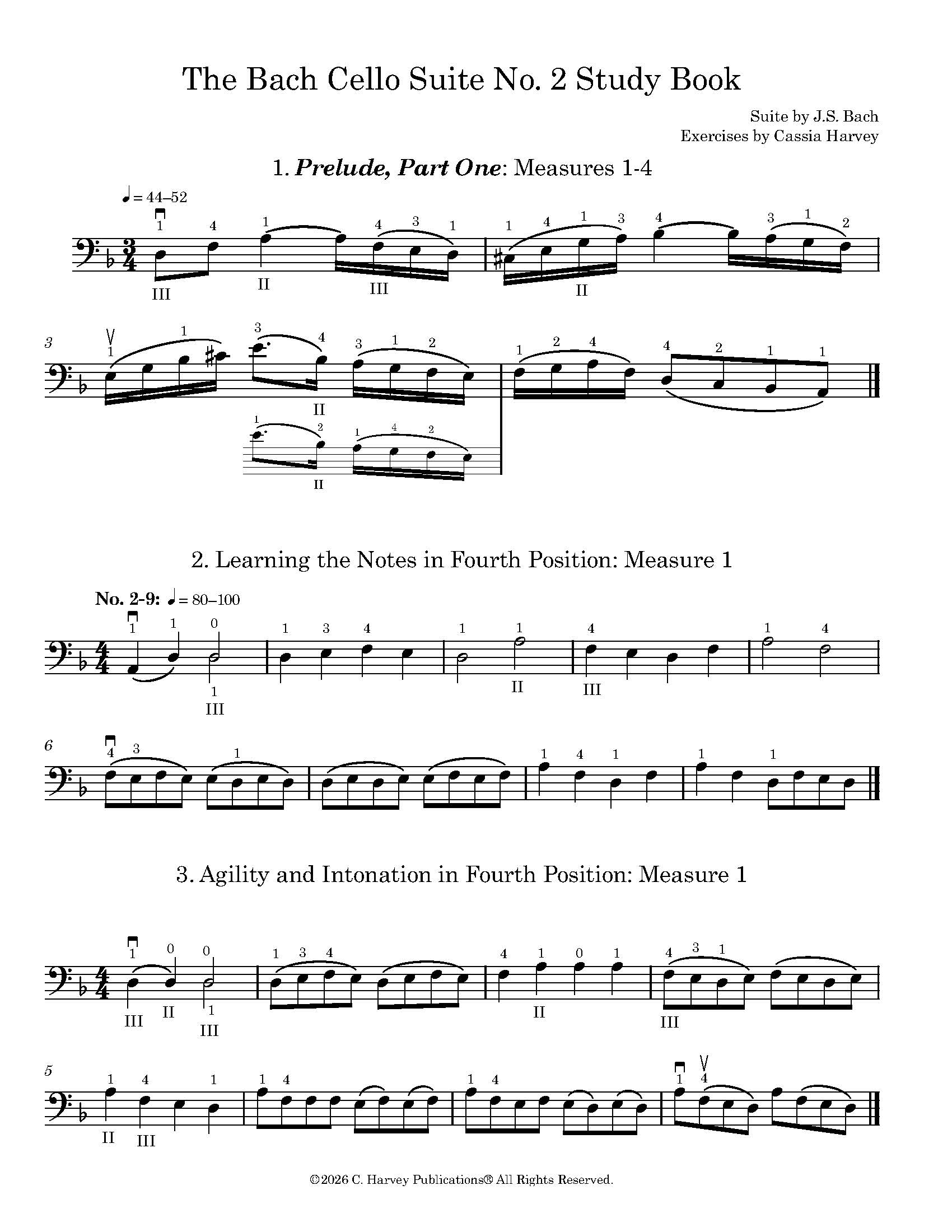 Sheet music for The Bach Cello Suite No. 2 Study Book with musical notation and exercises.