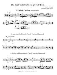 Sheet music for The Bach Cello Suite No. 2 Study Book with musical notation and exercises.