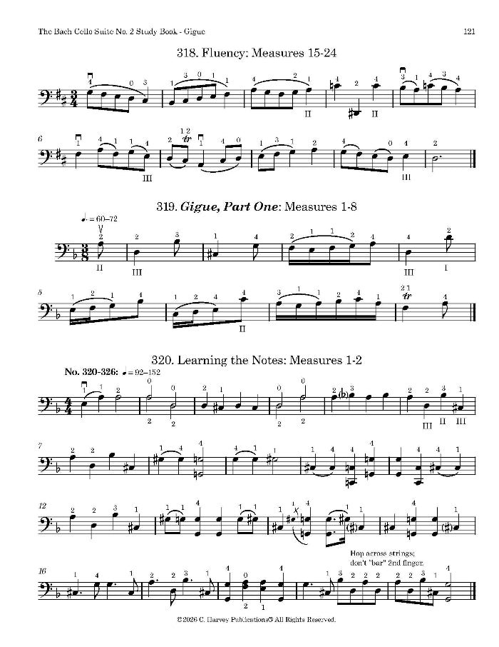 Sheet music for Bach Cello Suite No. 2, featuring musical notation and text.