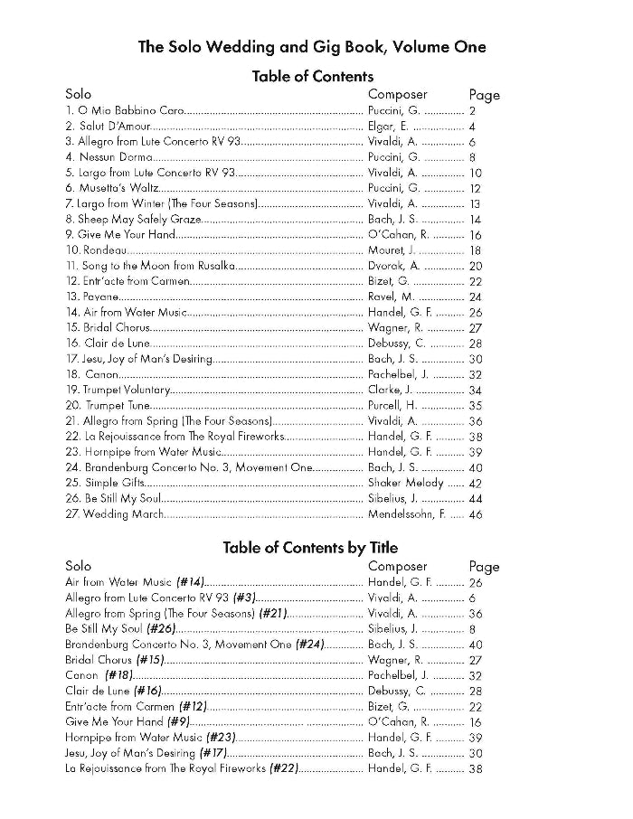 A black-and-white printed page showing tables of contents for 'The Solo Wedding and Gig Book, Volume One' with song titles, composers, and page numbers.