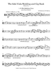 A single-page sheet music cover for 'The Solo Viola Wedding and Gig Book, Volume One' featuring the aria 'O Mio Babbino Caro' by Giuseppe Verdi, arranged by M. Harvey.