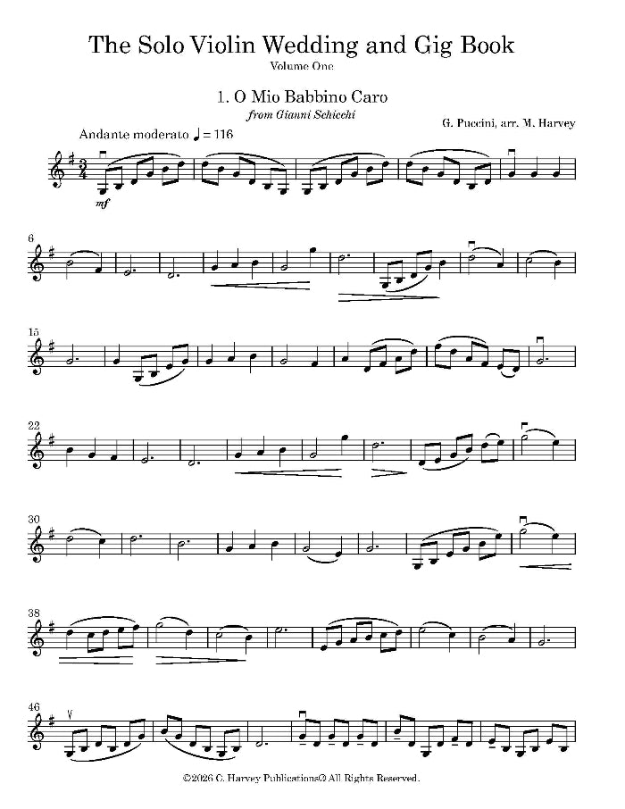 A single-page sheet music cover for 'The Solo Violin Wedding and Gig Book, Volume One' featuring the aria 'O Mio Babbino Caro' by Giuseppe Verdi, arranged by M. Harvey and published by C.